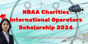 A landscape flyer with several aviation and scholarship related icons and illustrations. 'NBAA Charities International Operators Scholarship 2024' is boldly written at the middle.