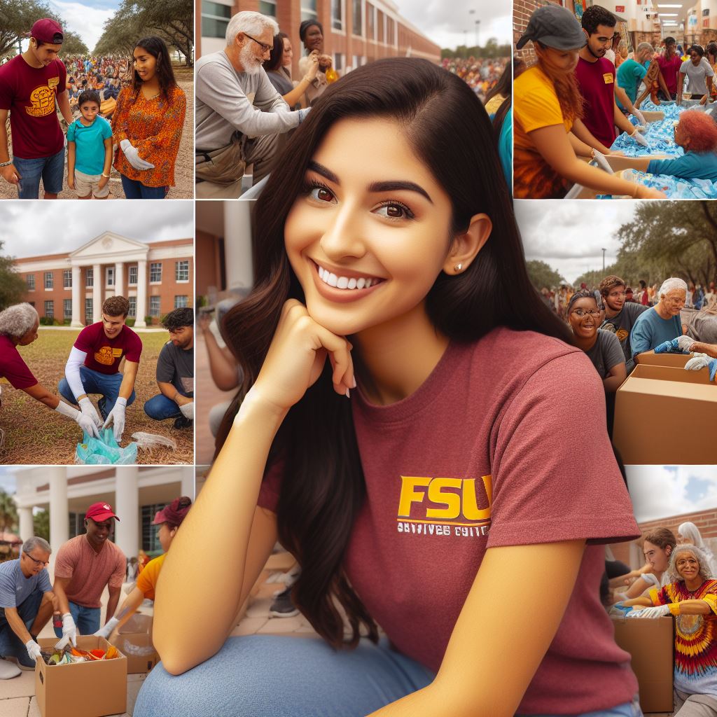 FSU students shown in different square section in the image contributing to a community and social good. Some are teaching, some doing environmentals, while others doing other social duties.
