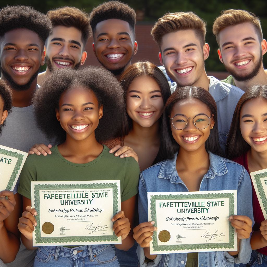 Diverse group of Fayetteville State University Scholarships recipients, posing together in a photo, holding their schorlarship award.