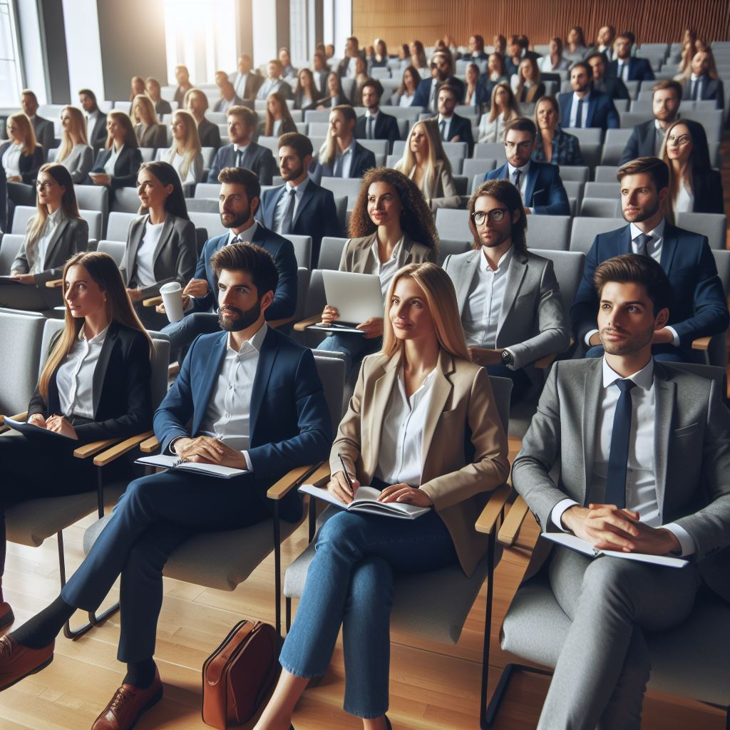 A diverse group of professionals in business attire attending a lecture in a modern university auditorium.